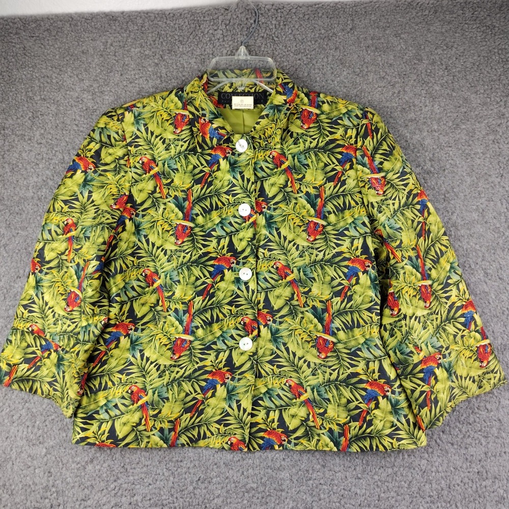 VTG Herve Benard Silk Jacket Sz 8 Tropical Parrot Palm Leaf Green EUC